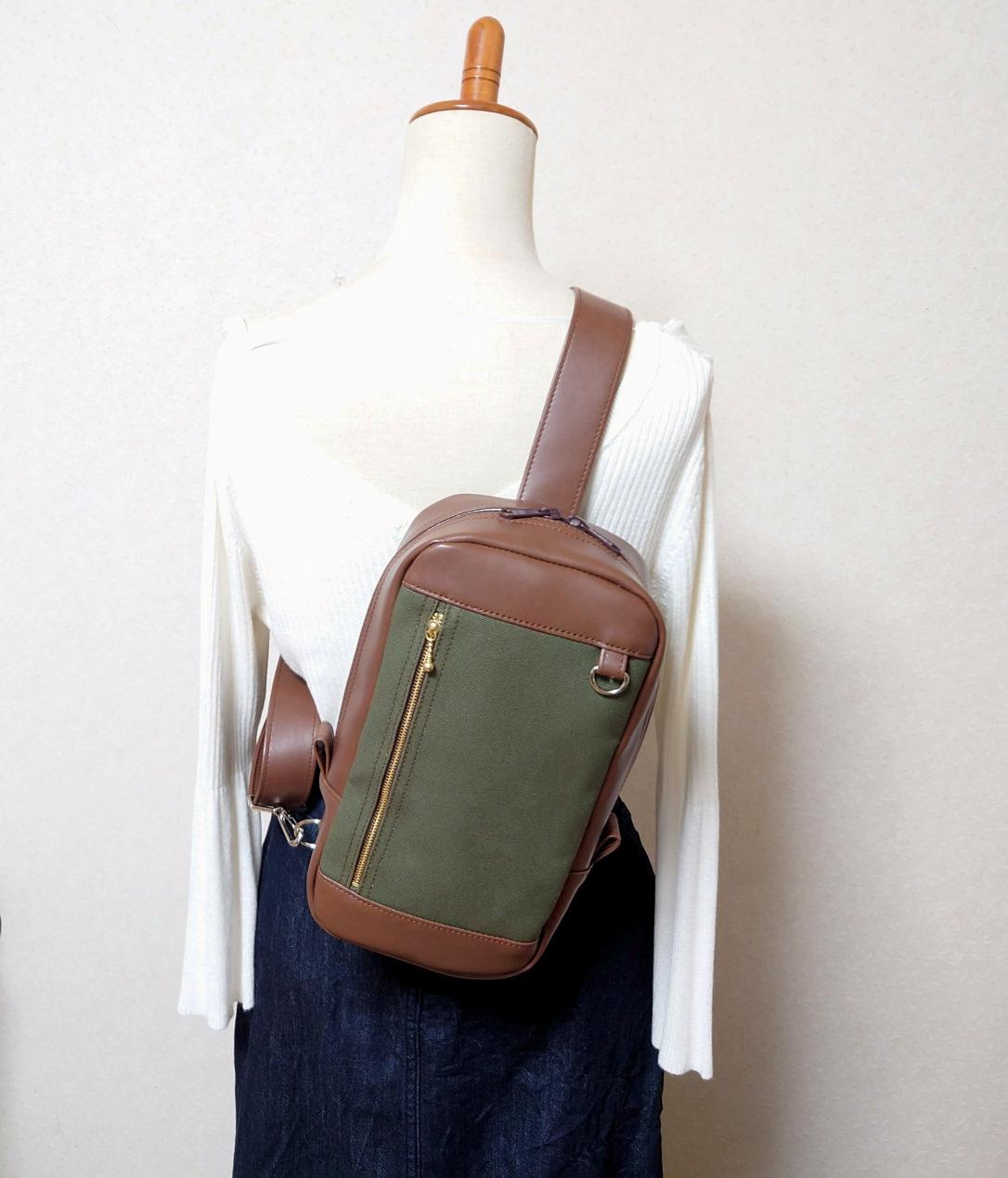 オーダー品ワインレッドの帆布と焦げ茶合皮のボディバック・ワンショルダー