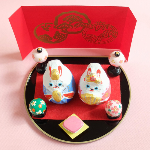 張り子 福うさぎの雛人形 桜・橘・雪洞・菱餅 飾り台セット その他置物