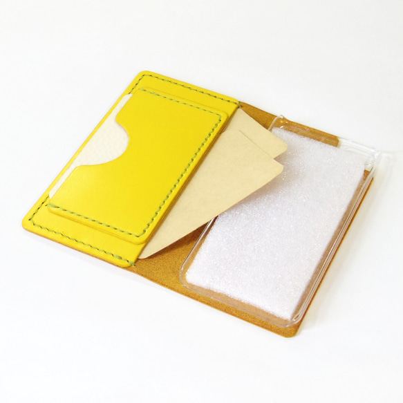 シンプルなふたつ折り牛革レザーケース iPhone,Android 多機種制作 スマホケース 手帳型 イエロー 黄色 5枚目の画像