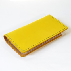 シンプルなふたつ折り牛革レザーケース iPhone,Android 多機種制作 スマホケース 手帳型 イエロー 黄色 2枚目の画像