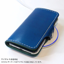 シンプルなふたつ折り牛革レザーケース iPhone,Android 多機種 スマホケース 手帳型 ネイビーブルー 紺色 14枚目の画像