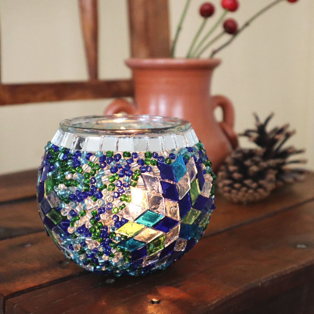 モザイク キャンドルポット「サーフブルー」（送料無料）