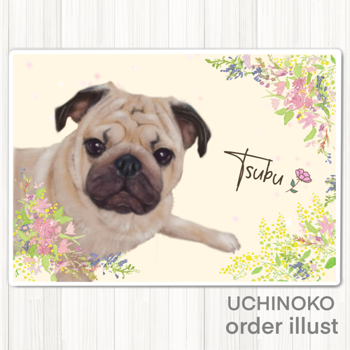 ペット似顔絵 お花フレーム オーダーメイド イラスト 犬 猫 お描きし