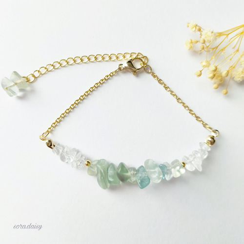 フローライト・水晶の華奢なさざれブレスレット 天然石 #947