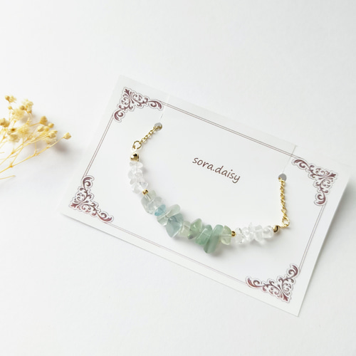 フローライト・水晶の華奢なさざれブレスレット 天然石 #947