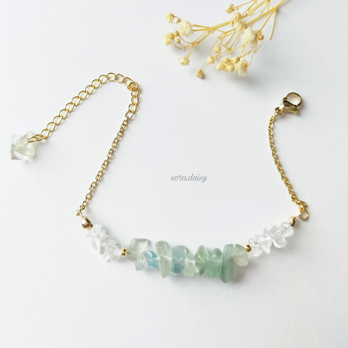 フローライト・水晶の華奢なさざれブレスレット 天然石 #947