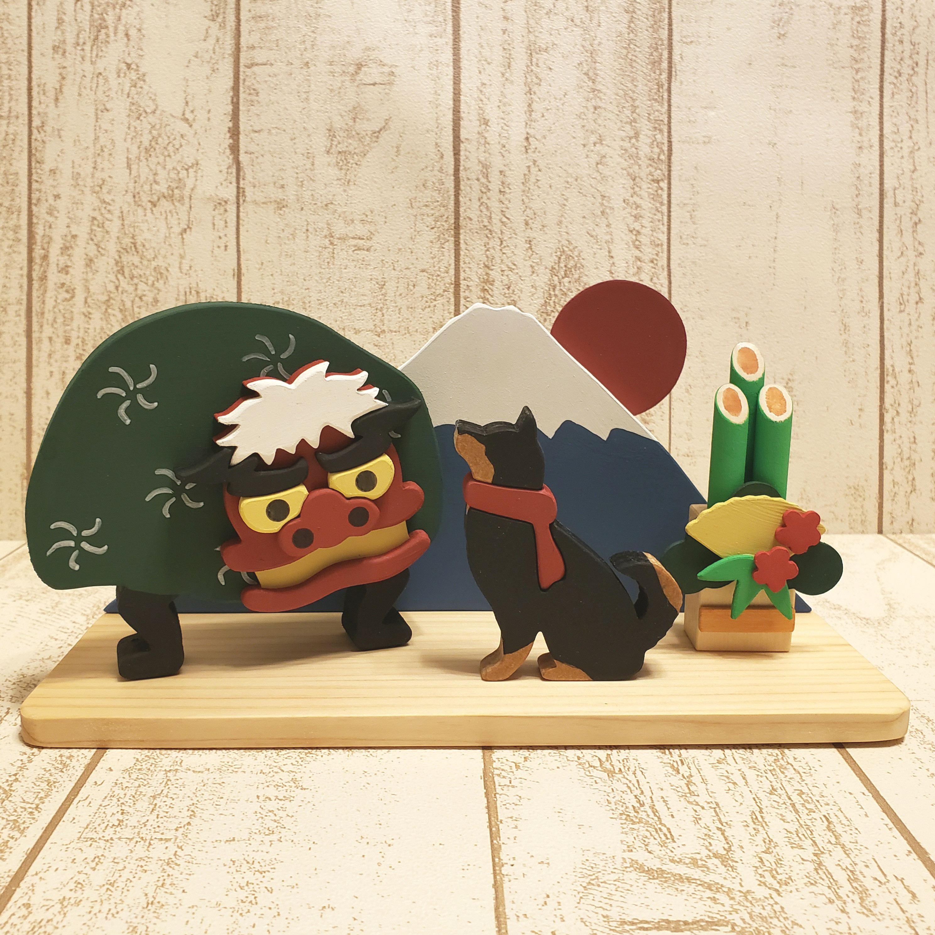 受注制作☆動物の変更も色変更も可能！お正月☆黒柴 柴犬と獅子舞がいる正月飾り☆謹賀新年☆元旦☆2020年