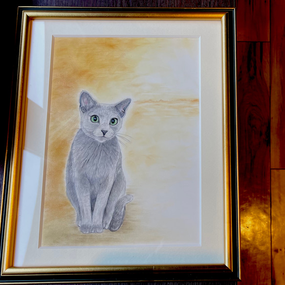 ヒカリの猫』色鉛筆画／原画／額縁付き 絵画 デリバーリトルラブ