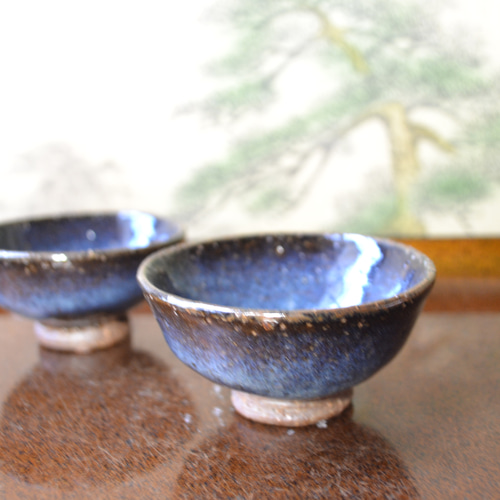 再入荷！】ぐい吞み2個セット(鬼萩ブルー) ＊酒器 ☆萩焼き