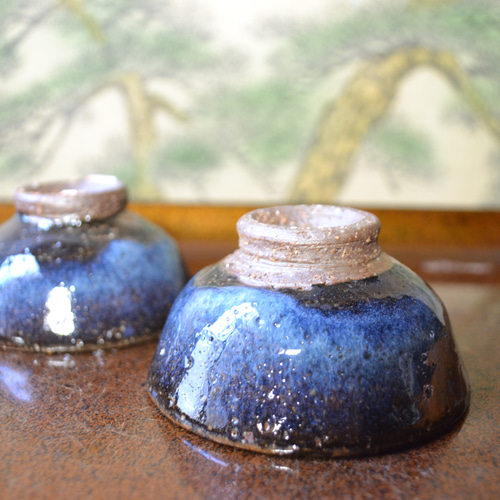 再入荷！】ぐい吞み2個セット(鬼萩ブルー) ＊酒器 ☆萩焼き ギフト