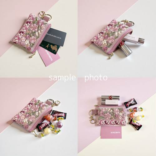 残り僅か】ミモザ柄☆インド刺繍×帆布☆キーホルダー付きフラット