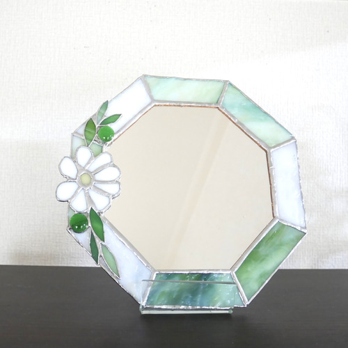 ✴︎:.｡.年末まで10%割引♪ グリーン×ホワイトの八角形の鏡♪（Size20