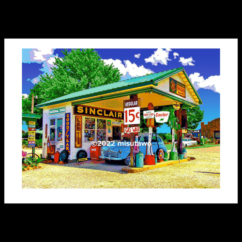 アートポスター】アメリカ ルート66沿いの古いガソリンスタンド（作品