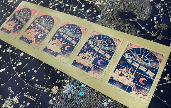 切手型箔押しシール5枚セット【窓外の銀河ピンクver.】 1枚目の画像