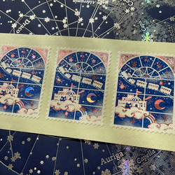切手型箔押しシール5枚セット【窓外の銀河ピンクver.】 2枚目の画像