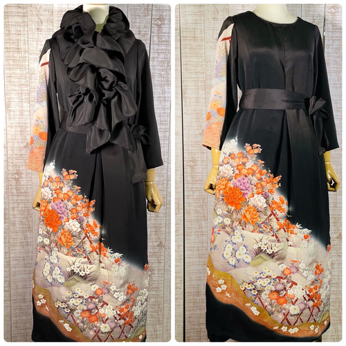 着物リメイク*牡丹に枝梅菊模様刺繍正絹黒留袖ワンピースM 着物リメイク*牡丹に枝梅菊模様刺繍正絹黒留袖ワンピースM