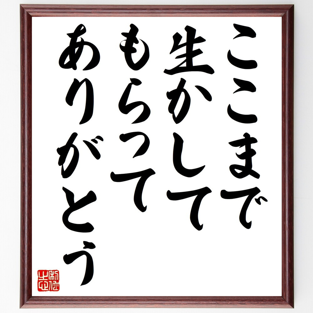 名言「ここまで生かしてもらってありがとう」手書き書道色紙額／受注後の毛筆直筆（V0780）