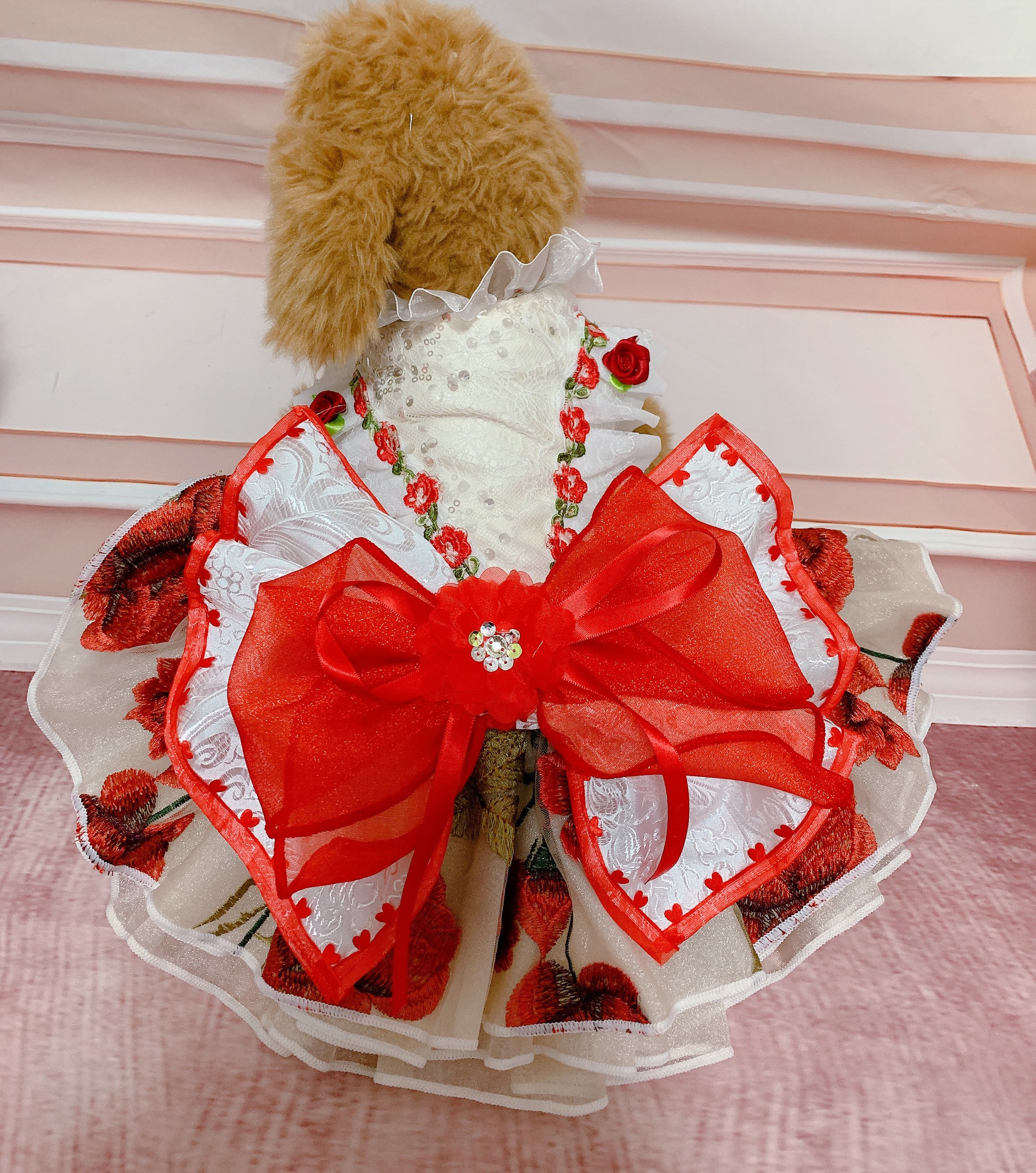 即納可能⭐︎犬猫うさちゃん服　BIGリボン　和♡ドレス　レッド