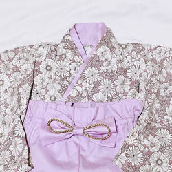 【即発送】ベビー袴　ハンドメイド　ベビー着物　スモーキーローズ　パープル系ピンク　花柄　60 70 80サイズ 3枚目の画像