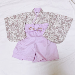 【即発送】ベビー袴　ハンドメイド　ベビー着物　スモーキーローズ　パープル系ピンク　花柄　60 70 80サイズ 2枚目の画像