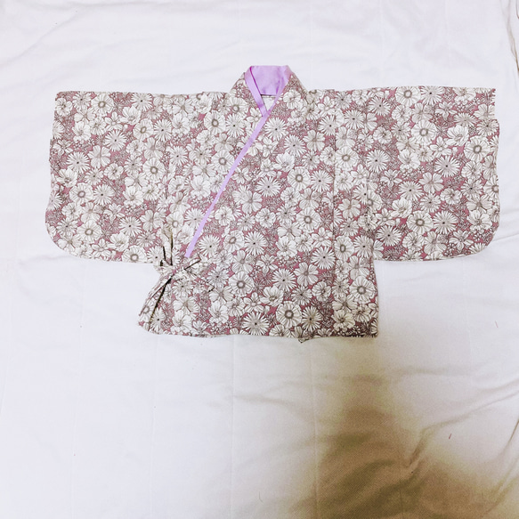 【即発送】ベビー袴　ハンドメイド　ベビー着物　スモーキーローズ　パープル系ピンク　花柄　60 70 80サイズ 4枚目の画像