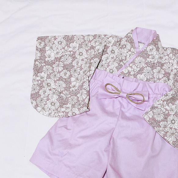 【即発送】ベビー袴　ハンドメイド　ベビー着物　スモーキーローズ　パープル系ピンク　花柄　60 70 80サイズ 1枚目の画像