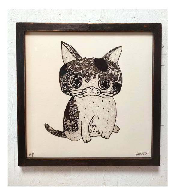 手作りアンティーク風額付き　銅版画作品　title「センチメンタル猫」 1枚目の画像