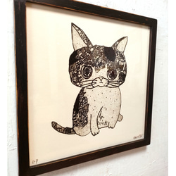 手作りアンティーク風額付き　銅版画作品　title「センチメンタル猫」 3枚目の画像