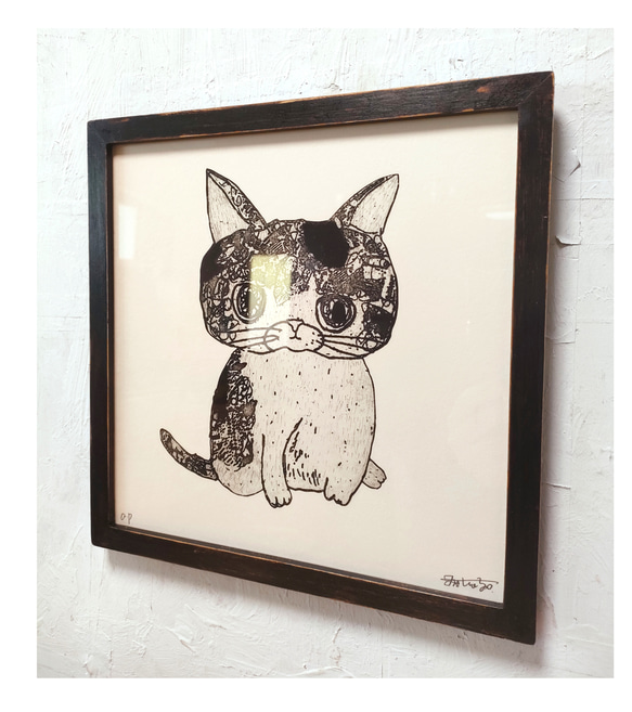 手作りアンティーク風額付き　銅版画作品　title「センチメンタル猫」 2枚目の画像