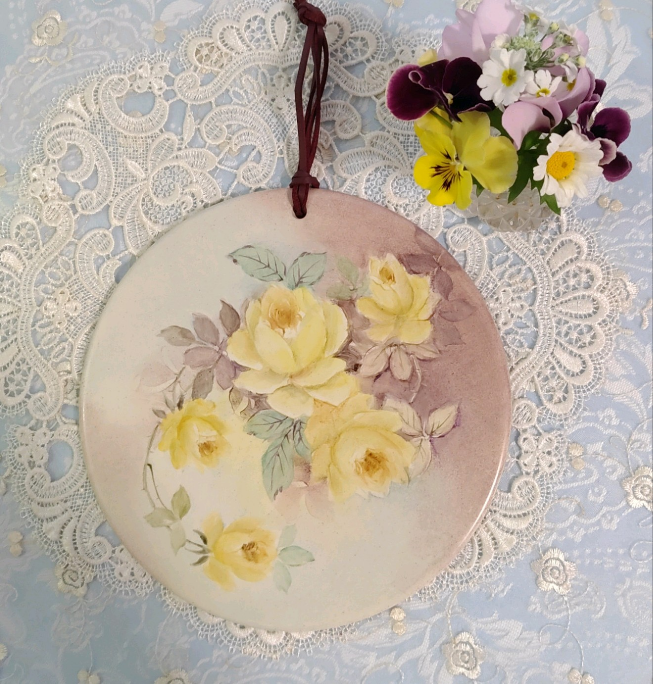 ♡19cm鍋敷き/カッターボート(yellow rose)革紐付