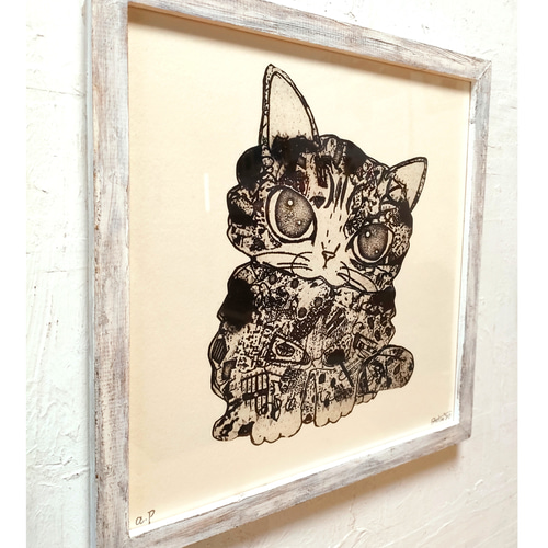 おすすめ！スイカ大✨　手作り額付き銅版画作品　title「きらめきニャンコ」 手作りアンティーク風額付き 銅版画作品 title「きらめきニャンコ