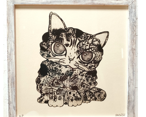 真夜中出品！スイカ大✨手作り額付き銅版画作品　title「お通りニャンコ」 96db148bb141f063dcfa1b2dc72587