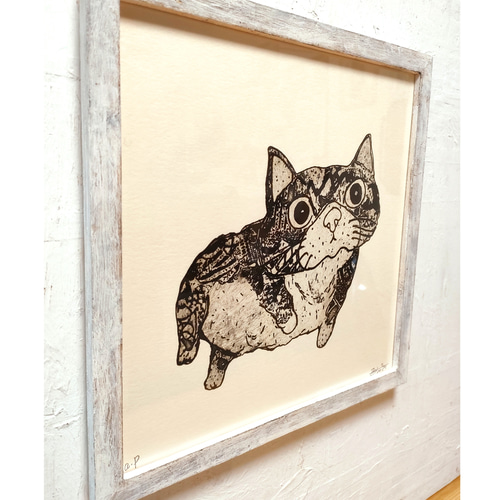 手作りアンティーク風額付き 銅版画作品 title「プカプカ猫」 その他