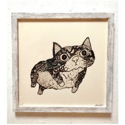 手作りアンティーク風額付き 銅版画作品 title「プカプカ猫」 その他