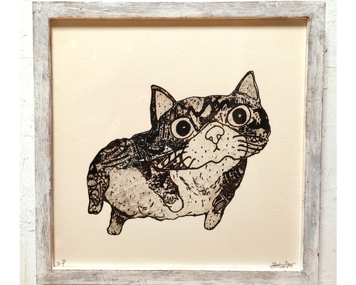 額付き銅版画応用絵画「プカプカ猫」 手作りアンティーク風額付き 銅