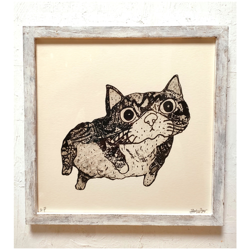 猫の額付き銅版画 プカプカ猫