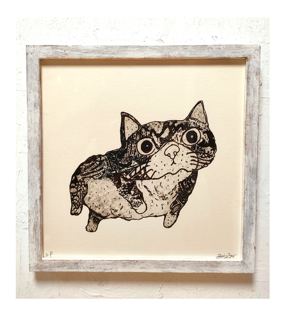 額付き銅版画応用絵画「プカプカ猫」 額付き銅版画応用絵画 「プカプカ猫 in Sky」