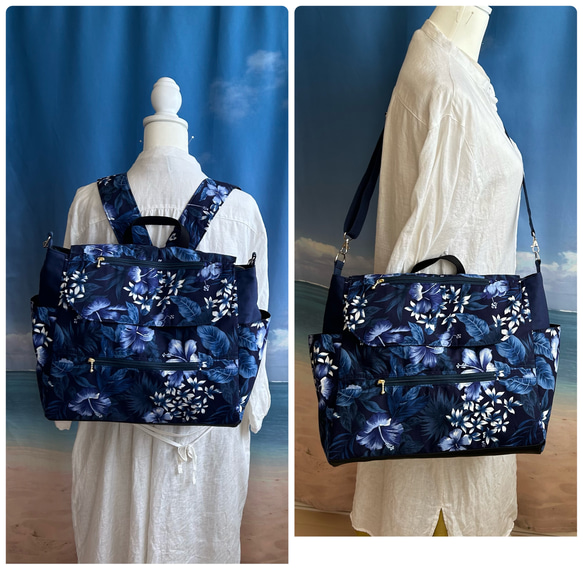 A4対応 3way リュックの紐を収納　サイドポケットが便利な　ショルダーバック　リュックサック　大人のハイビスカス柄 