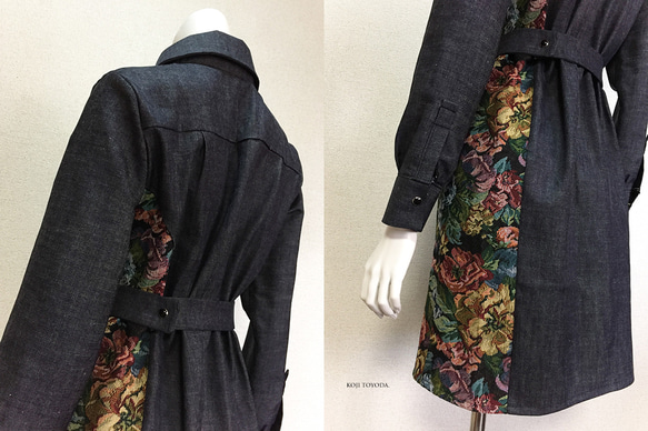 【1点もの・デザイン画付き】岡山産デニム＋ゴブラン織り切り替えシャツ型コートワンピース（KOJI TOYODA） 6枚目の画像