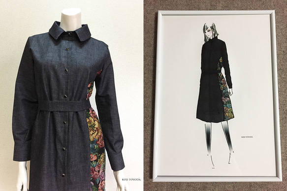 【1点もの・デザイン画付き】岡山産デニム＋ゴブラン織り切り替えシャツ型コートワンピース（KOJI TOYODA） 2枚目の画像