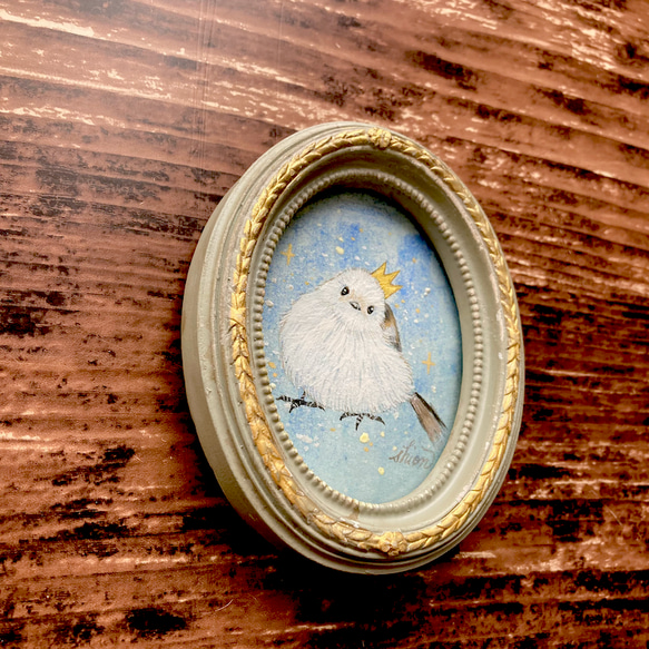 【受注制作】小さな絵画　王冠をかぶったシマエナガ　/原画　鳥　アート　インテリア　新作2023 5枚目の画像