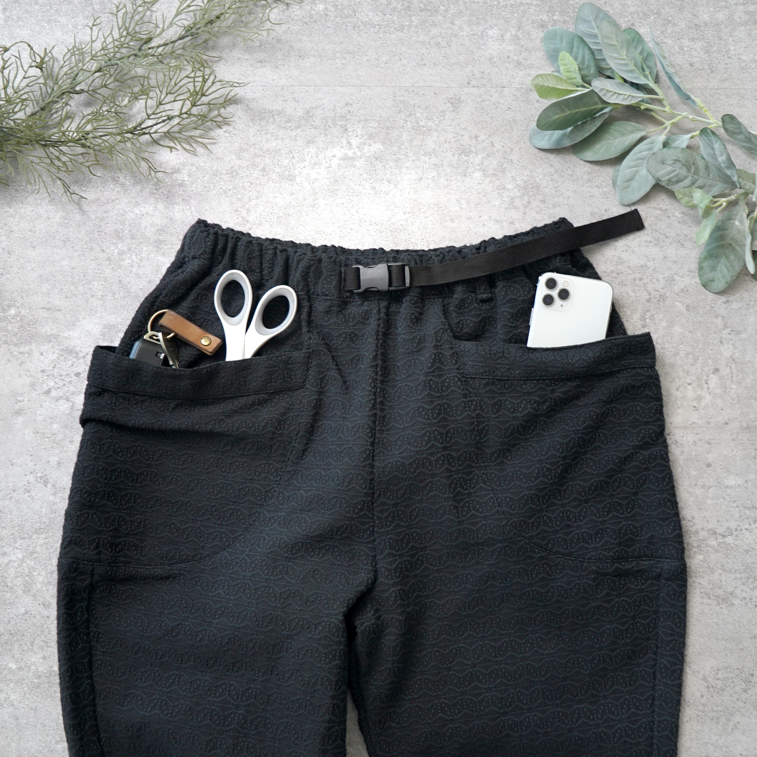 麻柄キャンプワークパンツ/ブラック/刺し子織