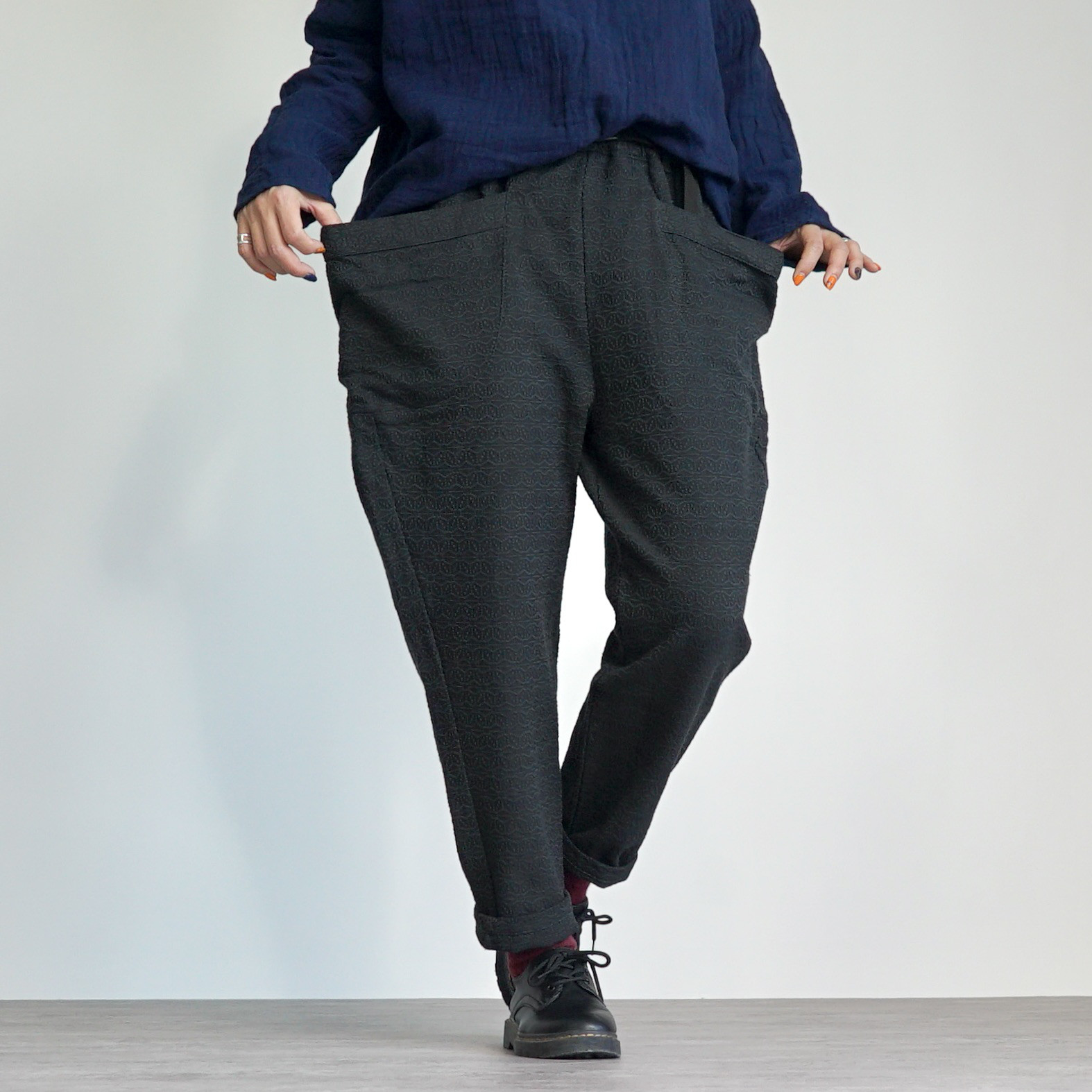 麻柄キャンプワークパンツ/ブラック/刺し子織