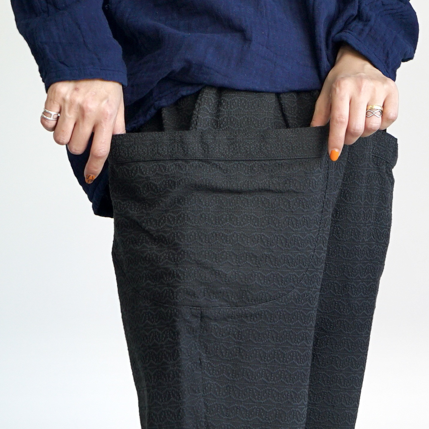 麻柄キャンプワークパンツ/ブラック/刺し子織