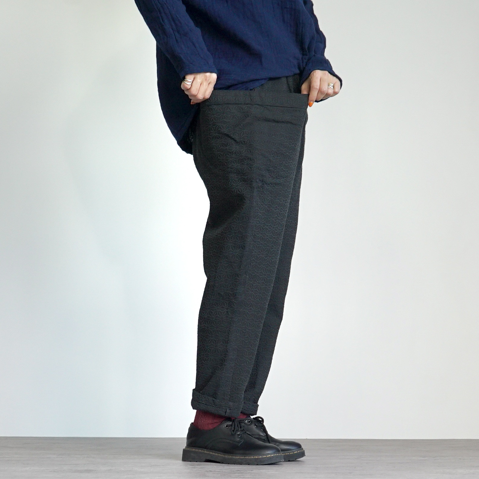 麻柄キャンプワークパンツ/ブラック/刺し子織