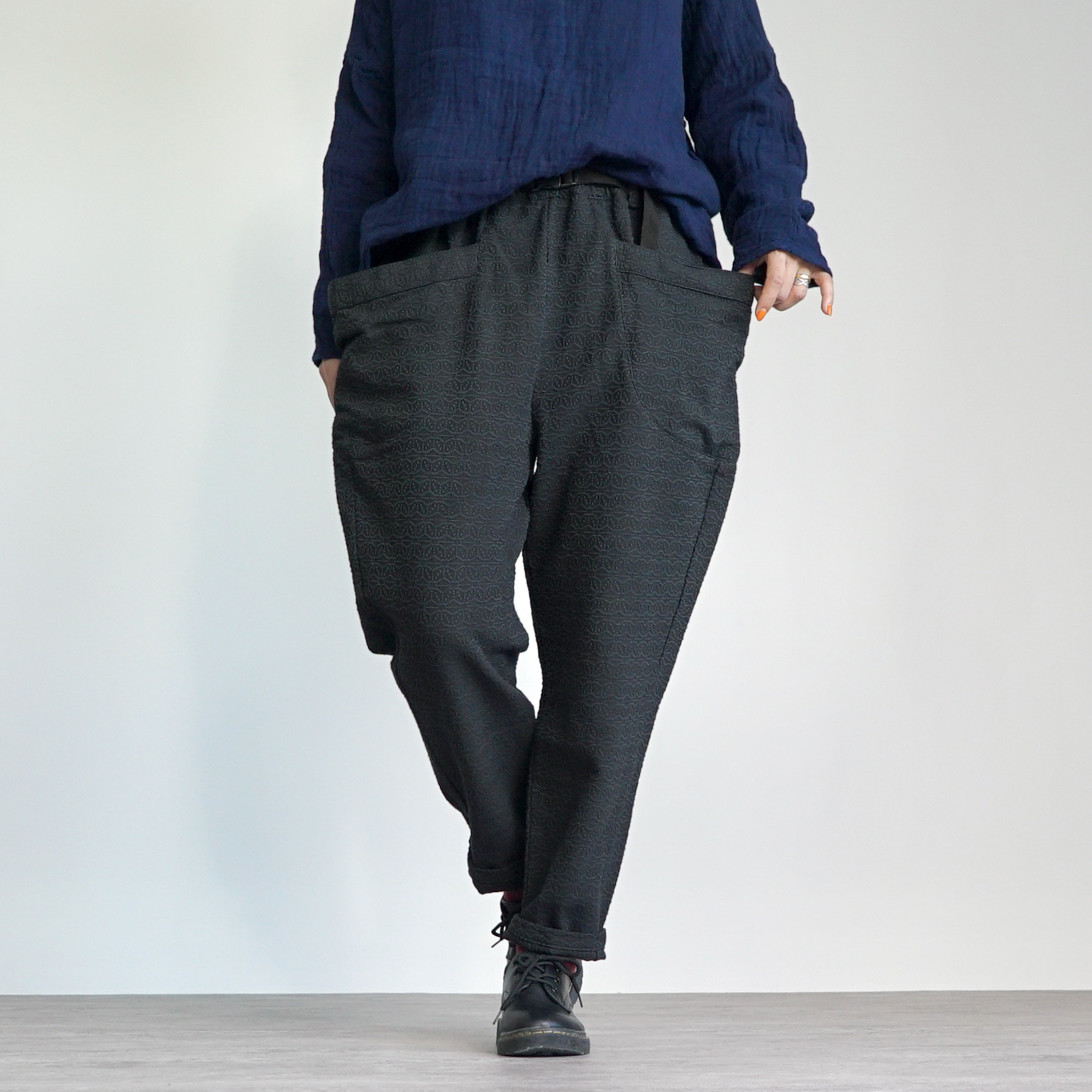 麻柄キャンプワークパンツ/ブラック/刺し子織ロングパンツ