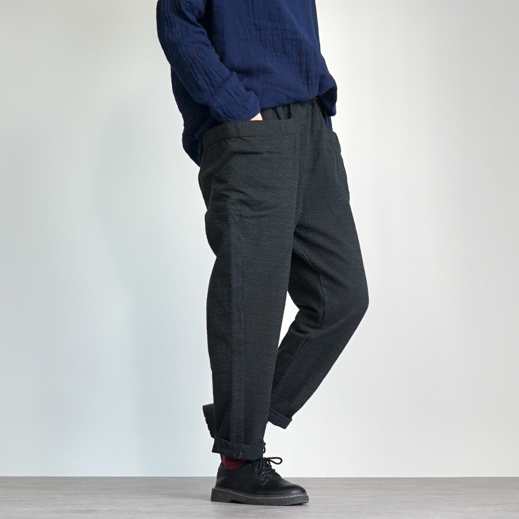 麻柄キャンプワークパンツ/ブラック/刺し子織