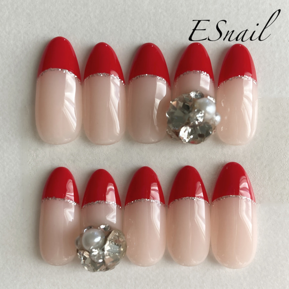 赤♡レッド♡ストーン♡ラメライン♡フレンチネイル♡ ネイルチップ