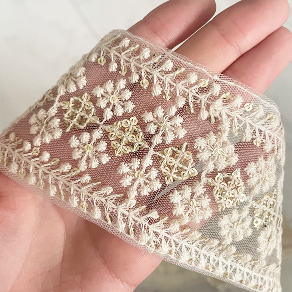 [ 032 ] インド刺繍 リボン 白 ホワイト ダイヤ 幅:6cm 2枚目の画像