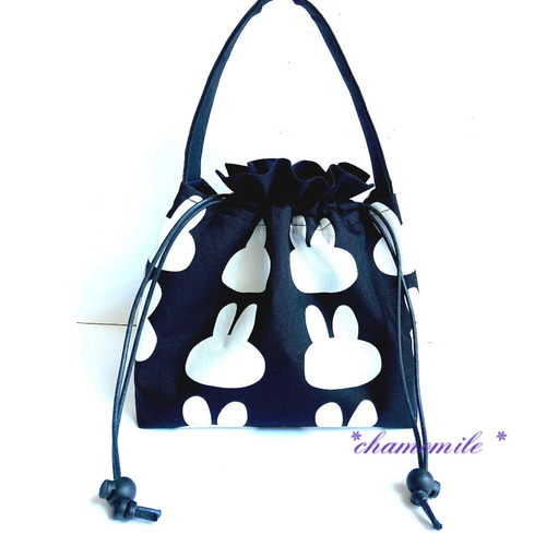 ワンハンドル.巾着トート／ランチバック ＊ うさぎシルエット フリル  